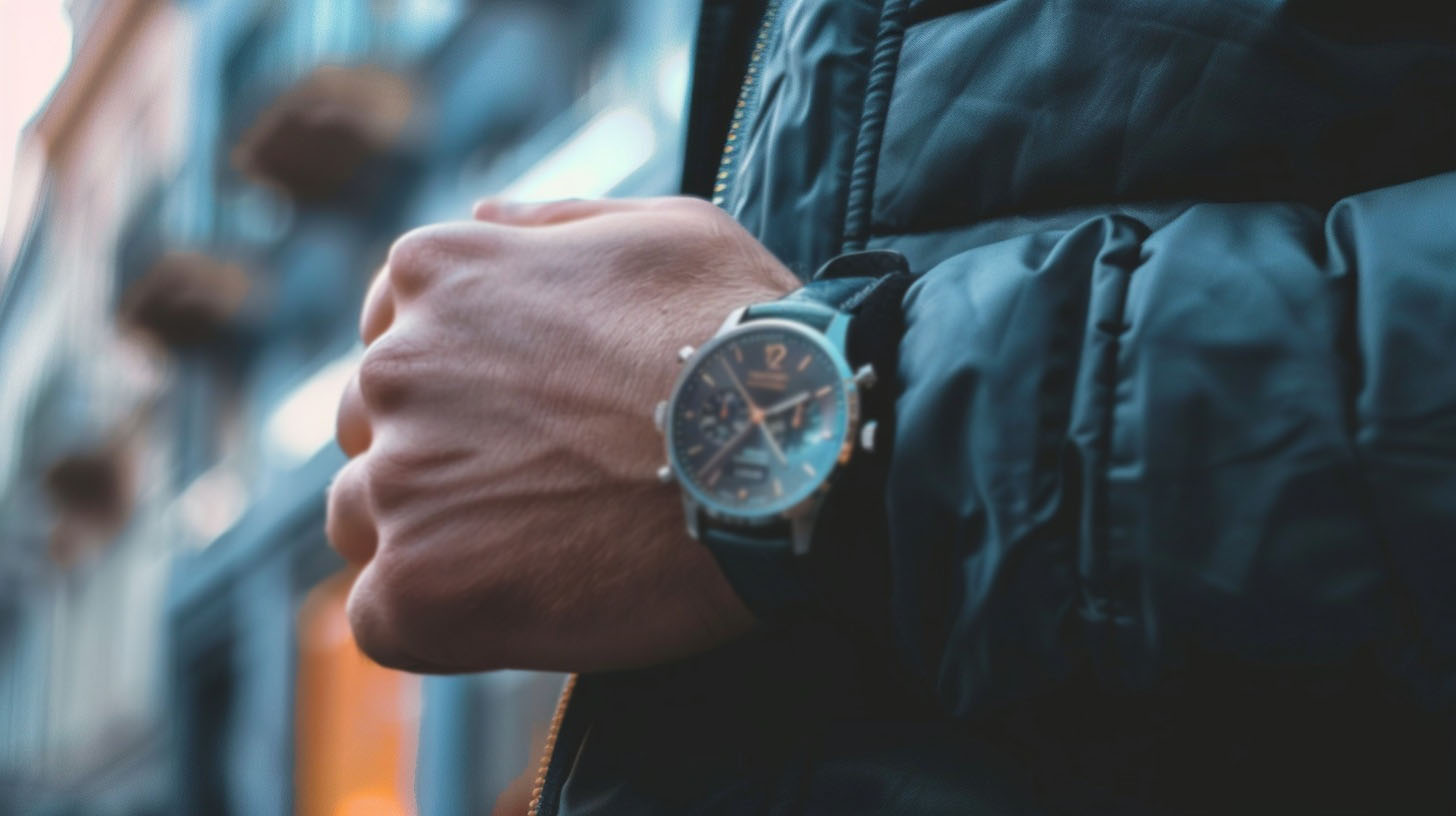 Manly mans hand on a street in a jacket with an expensive watch on his wrist