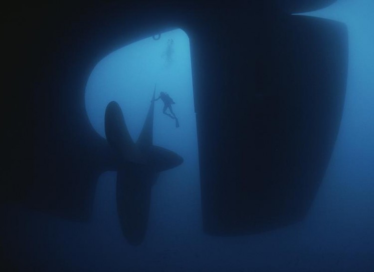 A diver swims near the massive propeller and rudder of a large ship submerged underwater. 